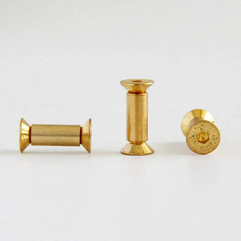 Brass rivet set showing Ten Piece Brass Knife Handle Rivets Set For Five Millimeter Holes With Flat Hex Head Screws Locking Design