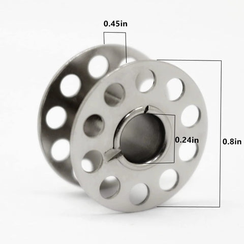 Two metal sewing machine bobbins with perforated sides, silver finish for front-loading machines