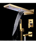 UMJIGF Luxury Led Shower System Gold Waterfall Shower Faucet Set, showcasing sleek gold finish and cascading water feature.