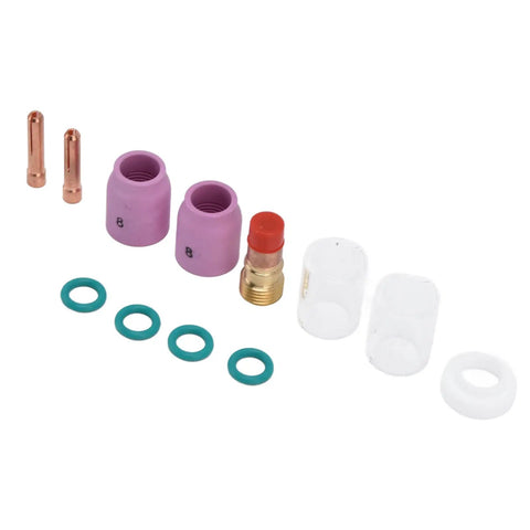 Heavy Duty 12 Pc Tig Welding Accessory Kit With Gas Lens Ceramic Nozzle Collet Set High Thermal Stability For Wp 17 18 26 Argon Gun Copper Glass Parts components including ceramic nozzles and copper tips.