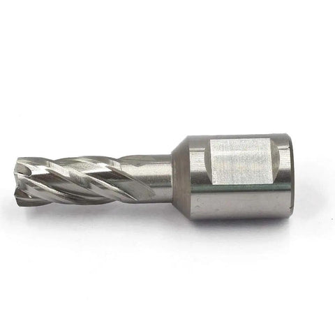 Heavy Duty High Speed Steel Annular Cutter With Rock Solid Weldon Shank And One Inch Cut Depth Slices Through Steel Like Butter On Magnetic Drills Milling Machines 7 16 Inch, angled view.