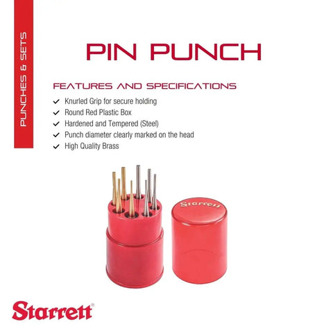 Drive Pin Punch Set With Knurled Grip, 4 Inch Length, 8 Piece, Red Plastic Box, Hardened Steel Pin Punches With Size Marked On Each Head