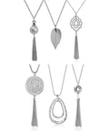 Six Piece Long Pendant Necklace Set For Women With Tassel, Knot, Disk And Circle Designs In Gold Tone, Statement Layering Jewelry