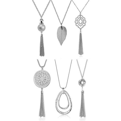 Six Piece Long Pendant Necklace Set For Women With Tassel, Knot, Disk And Circle Designs In Gold Tone, Statement Layering Jewelry