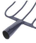Close-up of Heavy Duty Manure Fork for Farm and Lawn Care, dark blue iron, 5-tine pitchfork head, designed for soil and compost work.