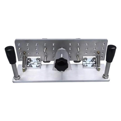 Precision Knife Grinding Jig With Slick Dial Adjustment And Tight Grip Handle For Belt Grinder Machine. Aluminum base with adjustable knobs.