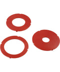 Three red plastic router rings from the Heavy Duty Insertion Ring Set Crafted For RA1171 RA1180 RA1181 Router Tables.