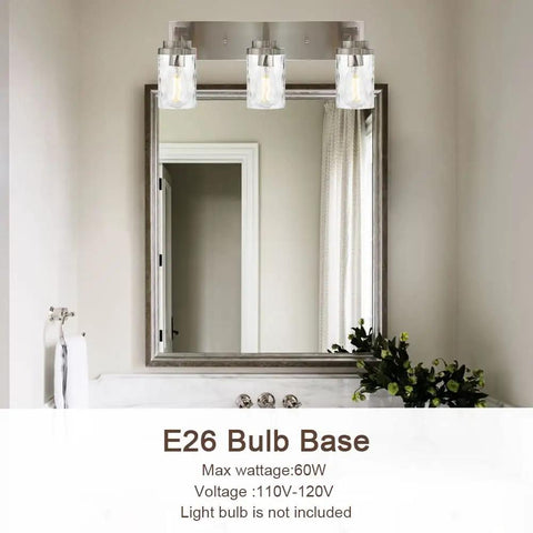 Go To Brushed Nickel Vanity Light 3 Light Modern Bathroom Fixtures Over Mirror With Hammered Glass Shade over bathroom sink