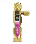 Close-up of brass Valve Core Removal Tool For HVAC Pro Grade Kit With Three Eighths Inch Evacuation Kit and pink handle