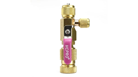 Close-up of brass Valve Core Removal Tool For HVAC Pro Grade Kit With Three Eighths Inch Evacuation Kit and pink handle