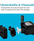 Exploded view of Ultra Quiet 90 GPH Submersible Pump components for easy cleaning and disassembly, showing impeller and housing parts.