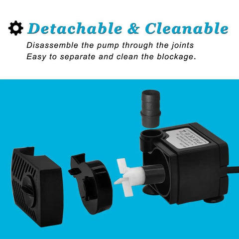 Exploded view of Ultra Quiet 90 GPH Submersible Pump components for easy cleaning and disassembly, showing impeller and housing parts.