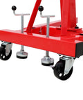 Heavy Duty Folding Engine Stand With Geared 360 Degree Rotating Head And Adjustable Mounting Arms showing caster wheels and adjustable arms.