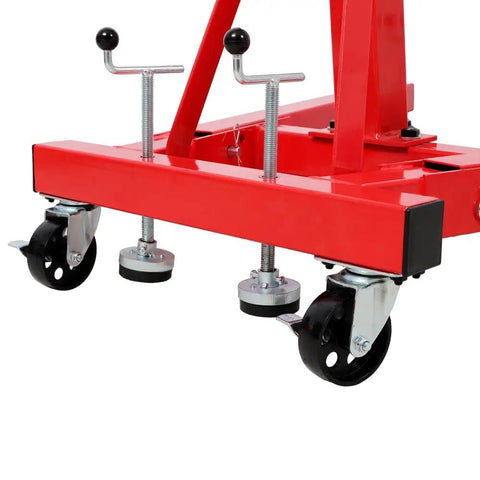 Heavy Duty Folding Engine Stand With Geared 360 Degree Rotating Head And Adjustable Mounting Arms showing caster wheels and adjustable arms.