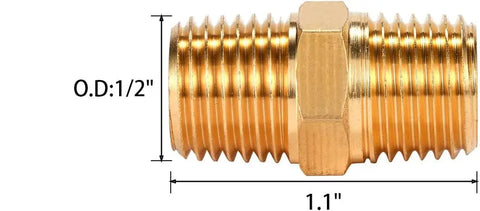 Set Of 4 Beefed Up Solid Brass Hex Nipple Pipe Fittings One Quarter Inch NPT Male To One Quarter Inch NPT Male O D One Half Inch On Each End Durable Plumbing Adapter For Hose And Pipe Systems side view