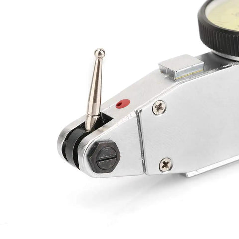 Close-up of Pro Grade Dial Test Indicator 0 to 0.8mm Range with 0.01mm Precision, Dovetail Mount, 180 Degree Rotatable Probe.