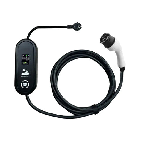 Knockout Performance 16 Amp Portable EV Charger With Type Two IEC62196 And Type One SAE J1772 Connectors Plus EU Plug Adapter, display and cable.