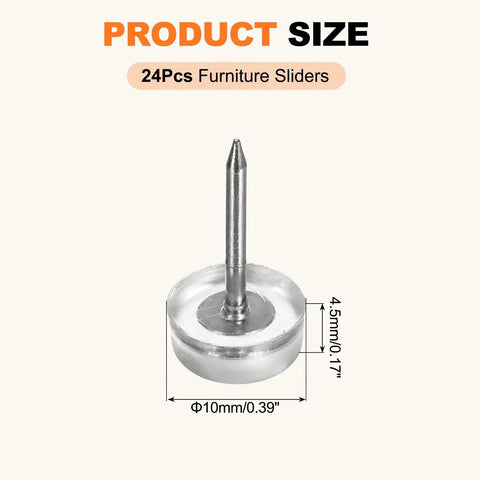 No Sweat 24 Pack Transparent Furniture Sliders With NailOn Pins For Gliding Pads On Hardwood Floors, 10mm diameter, 4.5mm height.