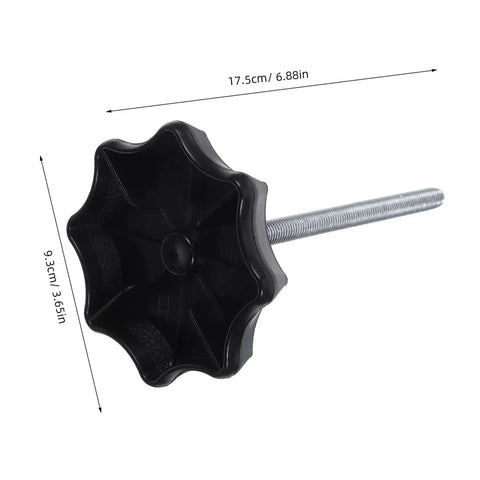 Close-up of Spare Tire Hold Down Bolt And Mounting Hardware Kit for Secure Car Tire Mounting, black knob with measurements.