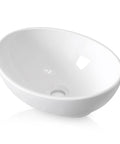Premium Oval Ceramic Vessel Sink For Bathroom Vanity Countertop Glossy White Porcelain Bowl Above Counter at an angle showing smooth interior.