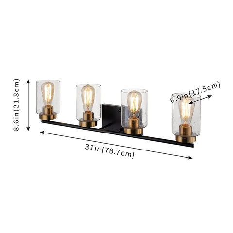 Vintage Vibe 31 Inch Bathroom Vanity Light Fixture With Four Lights Seeded Glass Shades Gold Lamp Base On Black Metal Backplate ETL Listed Easy To Install Bulbs Not Included
