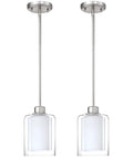 Close-up of Two Three Pack 1-Light Industrial Farmhouse Pendant Lights For Kitchen Island With Frosted Glass And Brushed Nickel Finish