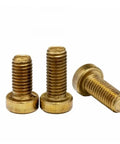 Heavy Duty Solid Brass Slotted Cheese Head Machine Screws M1.2 To M8 Metric Sizes Top Shelf Hardware Kit 4mm Length 20 Piece Pack showing three screws.