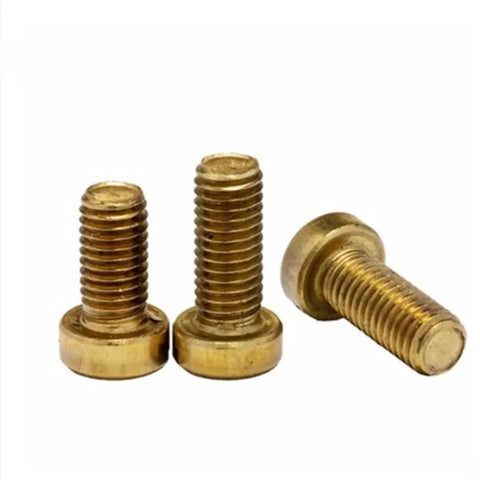 Heavy Duty Solid Brass Slotted Cheese Head Machine Screws M1.2 To M8 Metric Sizes Top Shelf Hardware Kit 4mm Length 20 Piece Pack showing three screws.