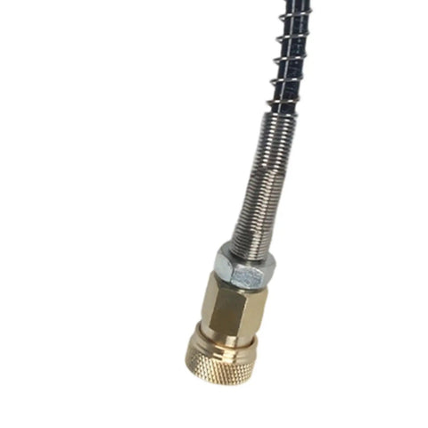 Close-up of Heavy Duty Air Hose For Compressor Rock Solid Brass Lock Joints with flexible steel core and anti-kink design.