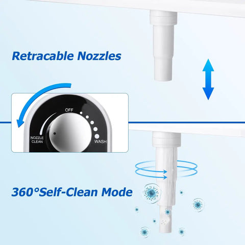 Hot And Cold Bidet Attachment For Toilet Ultra Slim Design With Warm Water Non Electric Adjustable Pressure Self Cleaning Sprayer Nozzle For Posterior And Feminine Wash Save Toilet Paper And Upgrade Your Bathroom Routine showing retractable nozzle and 360° self-clean mode.