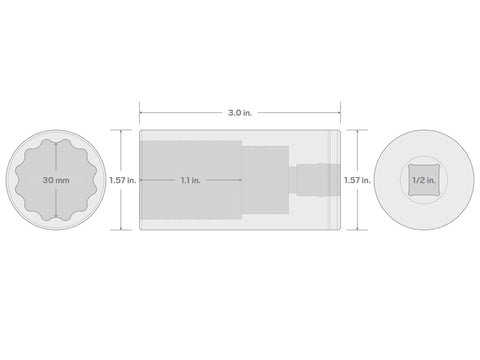 Diagram of Half Inch Drive 30 Millimeter Deep 12 Point Socket Chrome Plated With Large Markings For Easy Reading dimensions