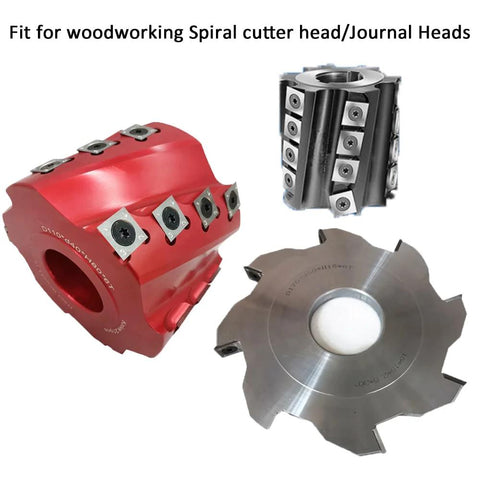 Ten 15×15×2.5 mm square carbide inserts for woodturning, shown with a red cutter head and circular blade