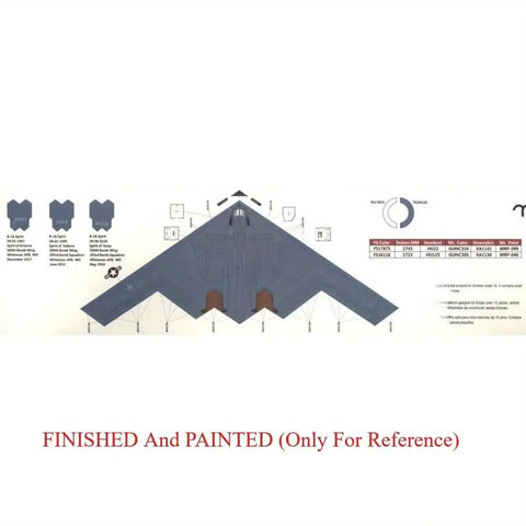 Diagram of One Seventy Two Scale USAF B 2A Spirit Stealth Bomber Model Kit With MOP GBU 57, shown finished and painted as reference.