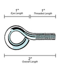 Diagram of One Quarter Inch Eye Bolt Zinc Plated Steel 2 Inch Length 1/4-20 Thread 20 Pack Heavy Duty Fasteners with dimensions labeled