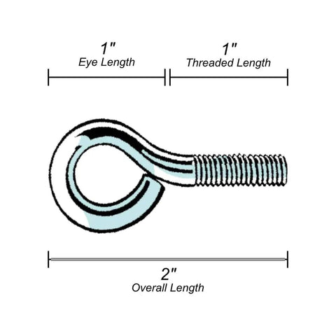 Diagram of One Quarter Inch Eye Bolt Zinc Plated Steel 2 Inch Length 1/4-20 Thread 20 Pack Heavy Duty Fasteners with dimensions labeled