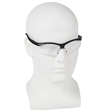 Hella Durable Lightweight Safety Glasses With Clear Polycarbonate Lenses And Sleek Black Frames Straight Up Crew Favorite Work Eyewear 12 Pair Case Ansi Certified For Indoor Sites on a display head