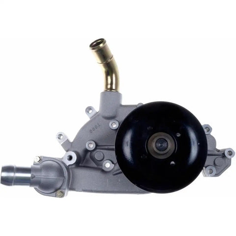 Top Shelf Engine Water Pump To Keep Your Heavy Duty Rig Cool And Cruising Smooth For Hummer H2 2003 To 2006 With 6.0L V8 Or Gmc Savana 2500 From Model Years 2003 Through 2005 Powered By 5.3L V8, side view showing inlet and outlet.