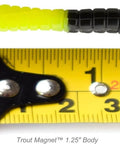 Split-Tail Grub Body Pack, 50-Count, For Trout, Bass, And Panfish, Bumblebee Color next to measuring tape showing 1.25 inch size.