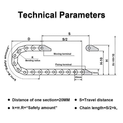 Technical diagram of Rugged Nylon Cable Carrier 1 Meter Drag Chain For CNC Machines With End Connector Built To Last From PA66
