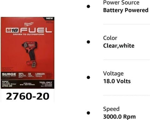 Packaging of M18 FUEL Surge 18-Volt Brushless Cordless One Quarter Inch Hex Impact Driver Tool-Only with specifications listed