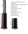 Close-up of cylindrical black 6 Pack Recessed Wired Security Window Gate Contact Sensor Alarm Magnetic Reed Switch with wiring and measurements.