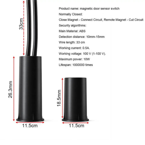 Close-up of cylindrical black 6 Pack Recessed Wired Security Window Gate Contact Sensor Alarm Magnetic Reed Switch with wiring and measurements.