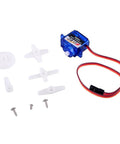 Feetech FS90R micro servo motor, 360° continuous rotation, blue housing; pack of 4 with white prop adapters and screws