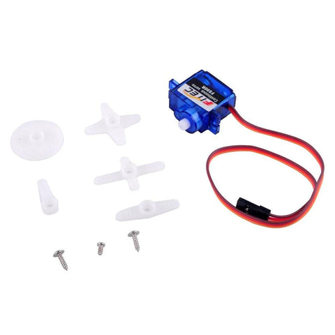 Feetech FS90R micro servo motor, 360° continuous rotation, blue housing; pack of 4 with white prop adapters and screws