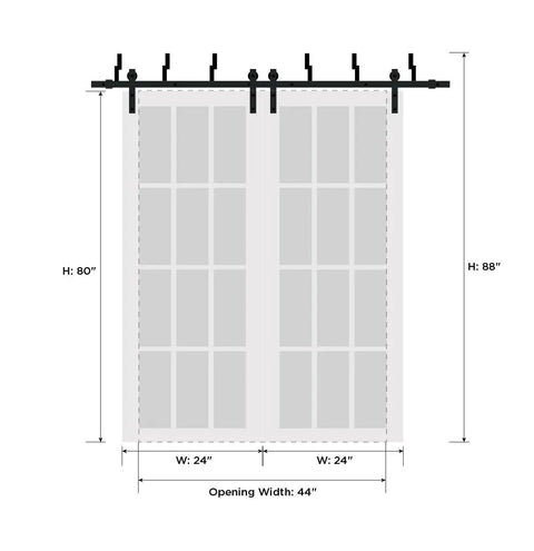 Dimensions diagram of Frosted Glass Sliding Barn Closet Doors With Hardware Set, Chocolate Ash Finish, dual 48x96 inches.