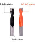 Two-flute woodworking gang drill bits, 2 pcs, 10mm shank; black and orange coated TCT drill heads.