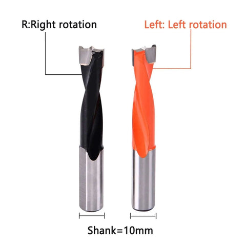 Two-flute woodworking gang drill bits, 2 pcs, 10mm shank; black and orange coated TCT drill heads.