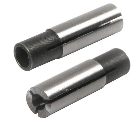 Two adapters from 8 Piece 1/4 To 1/8 Inch CNC Router Engraving Tool Adapter Set For ER Collet Conversion Pro Grade Spring Steel Durable High Precision Clamping And Stable Grip For Engraving Machines on white background.