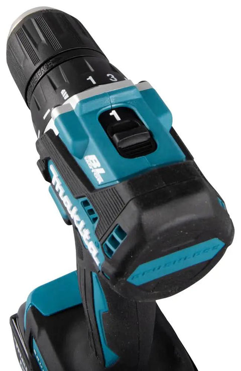 Close-up of Heavy Duty 18V Brushless Cordless Drill Driver Featuring 20 Torque Settings And A Hard Hittin 13mm Keyless Chuck.