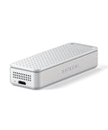 Rad Speed 80Gbps NVMe SSD Enclosure With Direct Hook Up USB4 V2 Connector and active cooling in silver aluminum housing.
